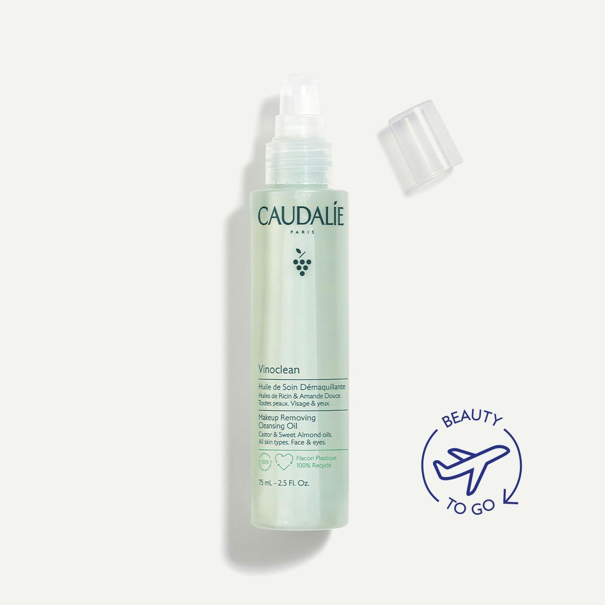 Caudalie Vinoclean 75ml, front of the pump bottle with a Beauty To Go logo