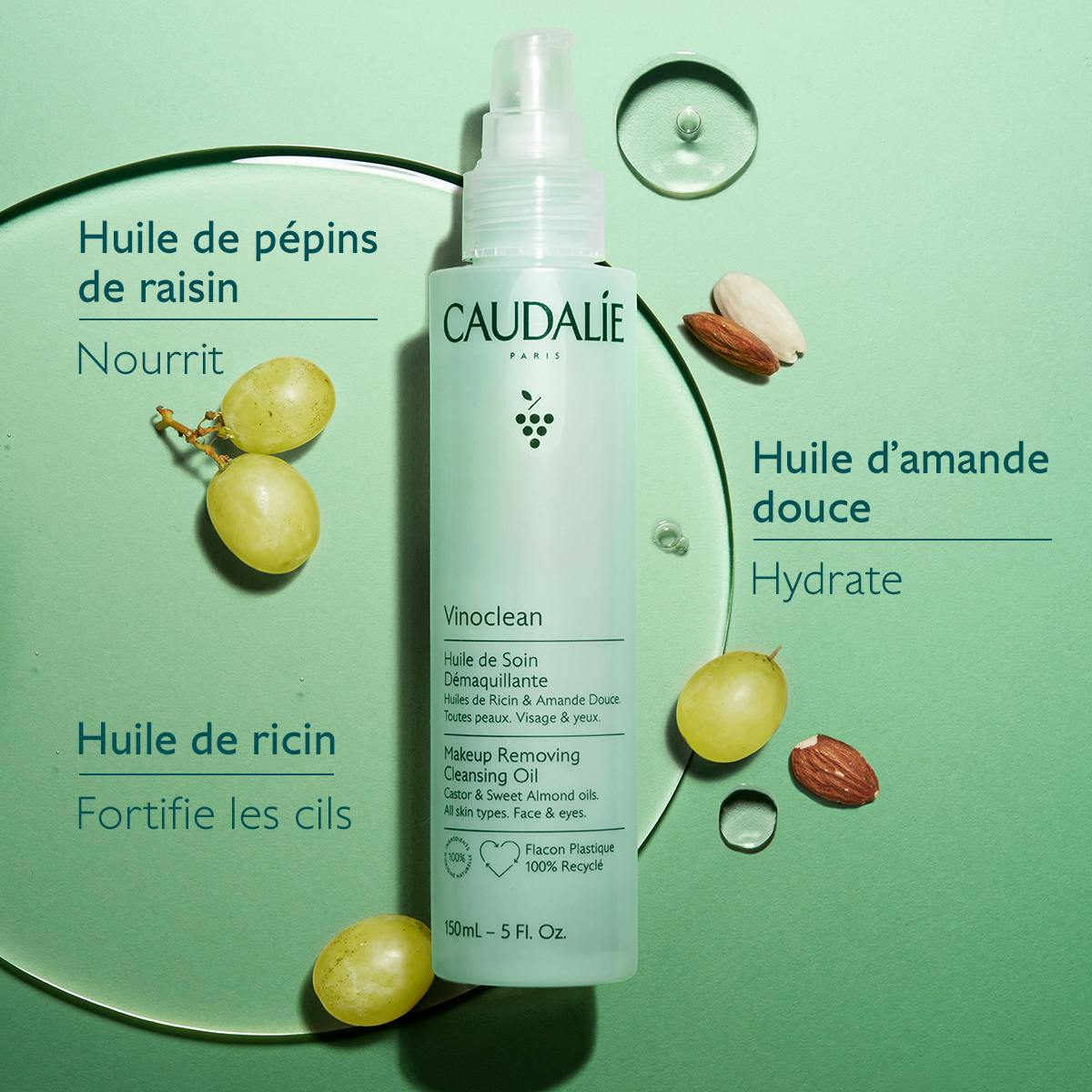 Caudalie Vinoclean, key ingredients: grape seed, sweet almond and castor oils