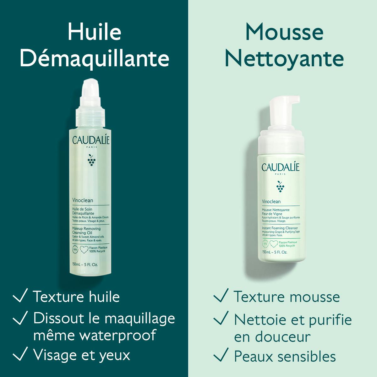 Caudalie Vinoclean, cleansing oil and foaming cleanser with benefit checklists in French