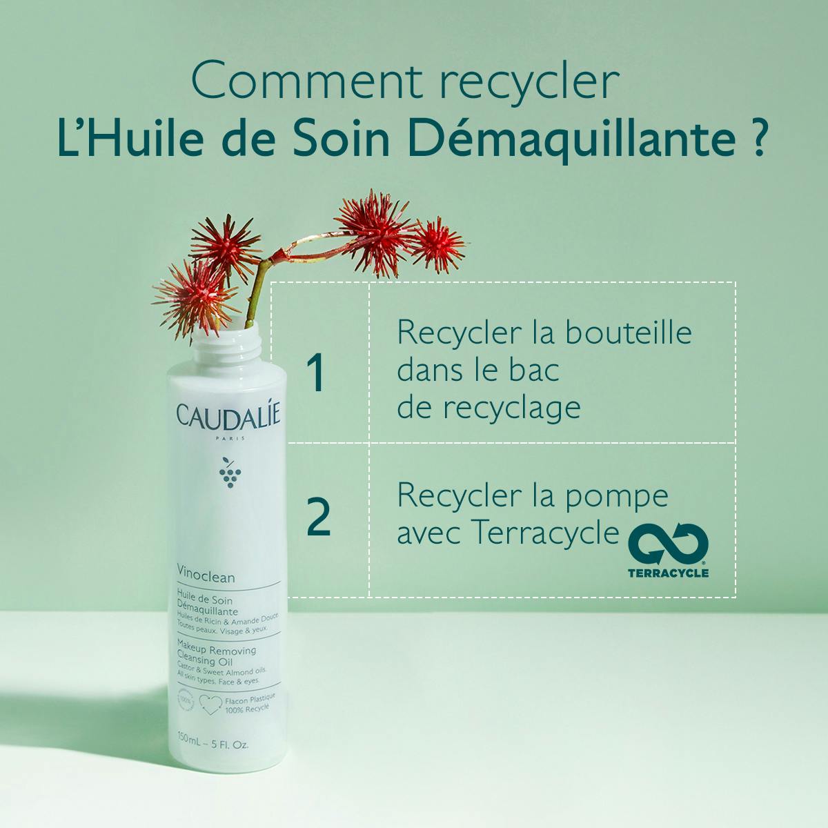 Caudalie Vinoclean, recycling instructions for the bottle and pump