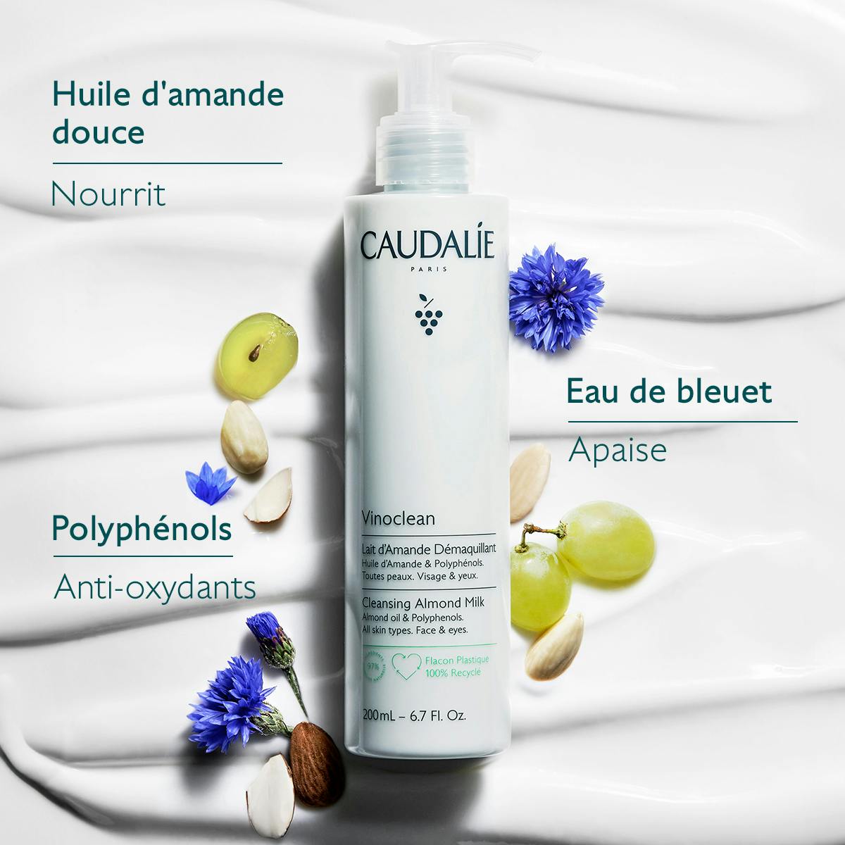 Caudalie Vinoclean, almond milk bottle with sweet almond oil, cornflower water and polyphenols