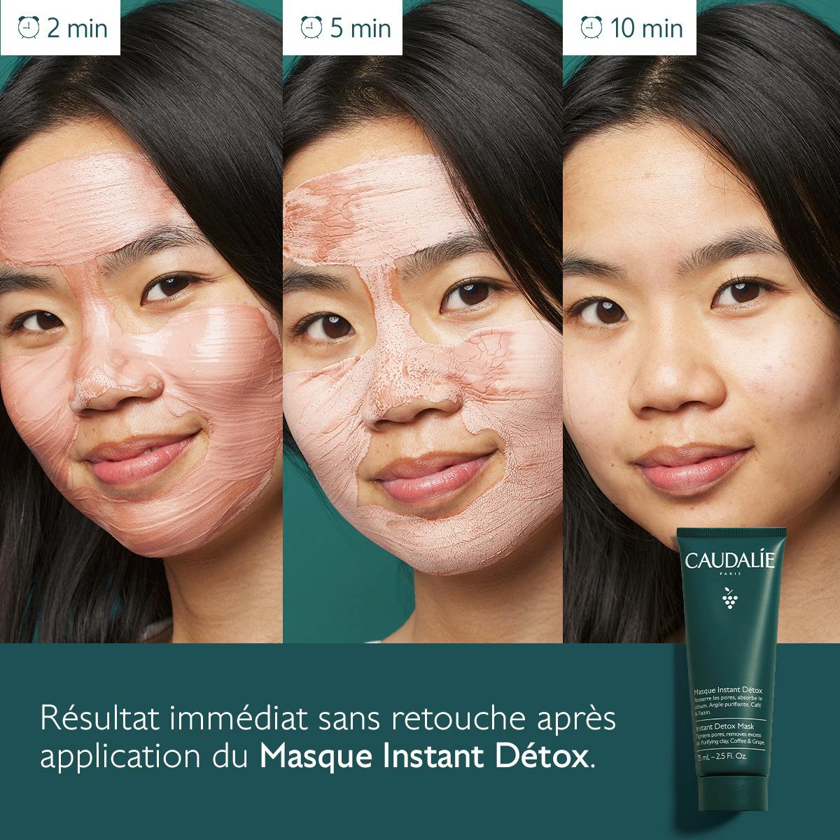 Caudalie Vinoclean, woman's face with the mask in three timed stages, with the tube