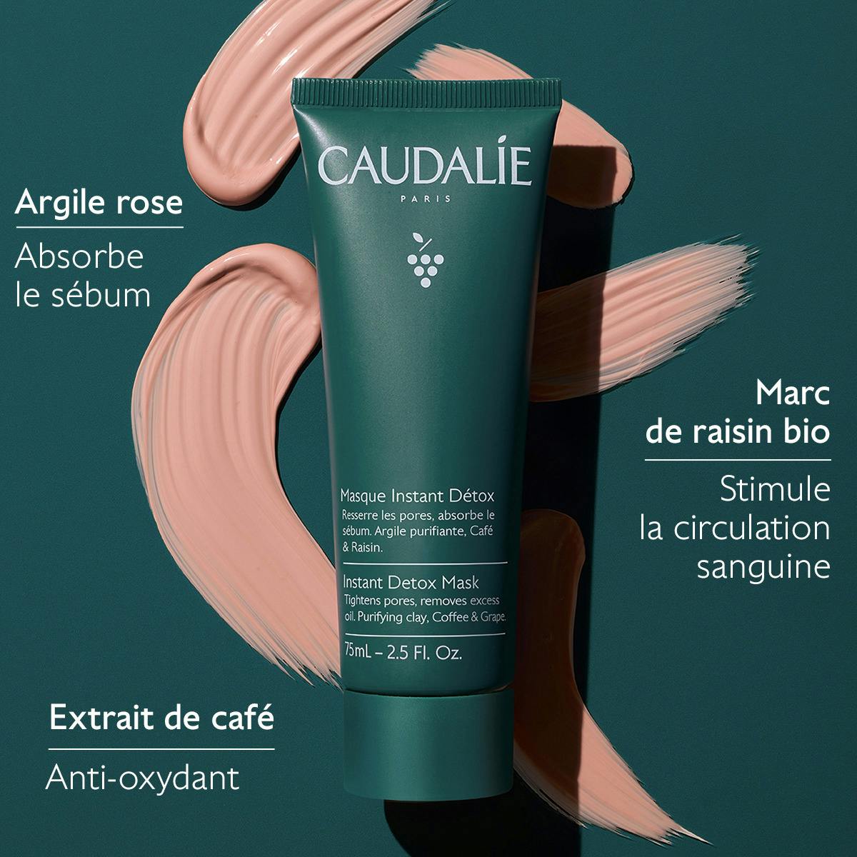 Caudalie Vinoclean, key ingredients: pink clay, organic grape marc and coffee extract