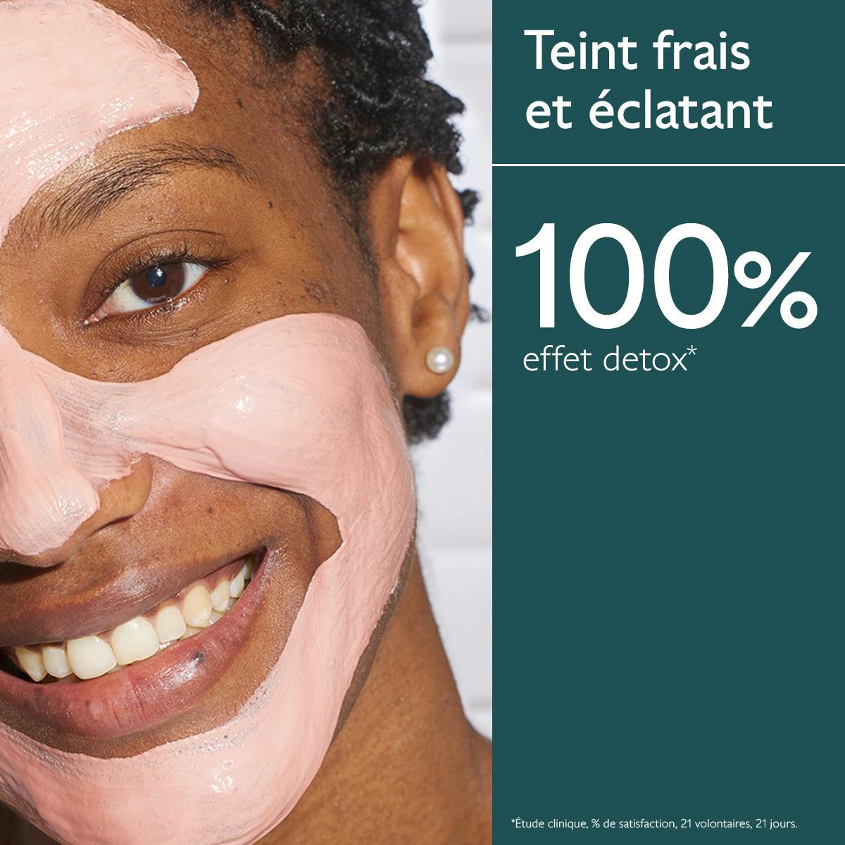 Caudalie Vinoclean, smiling woman wearing the pink mask, study results in French