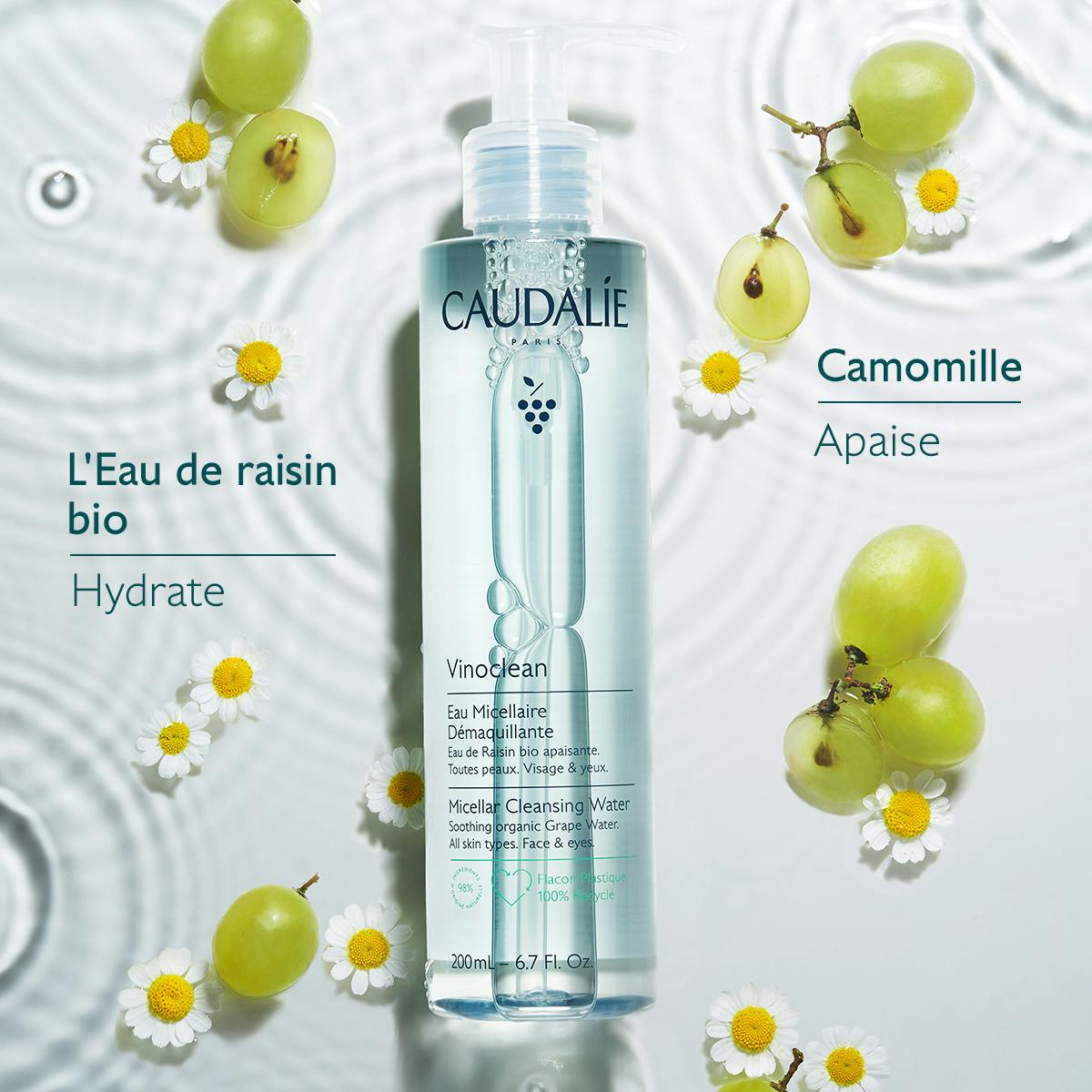 Caudalie Vinoclean, key ingredients: organic grape water and chamomile