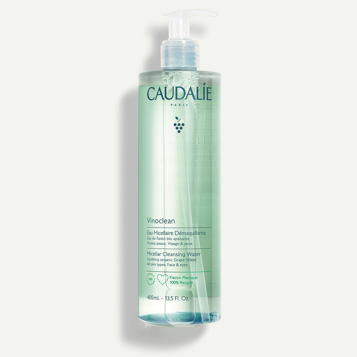 Caudalie Vinoclean Cleansing Micellar Water 400ml, front of the pump bottle