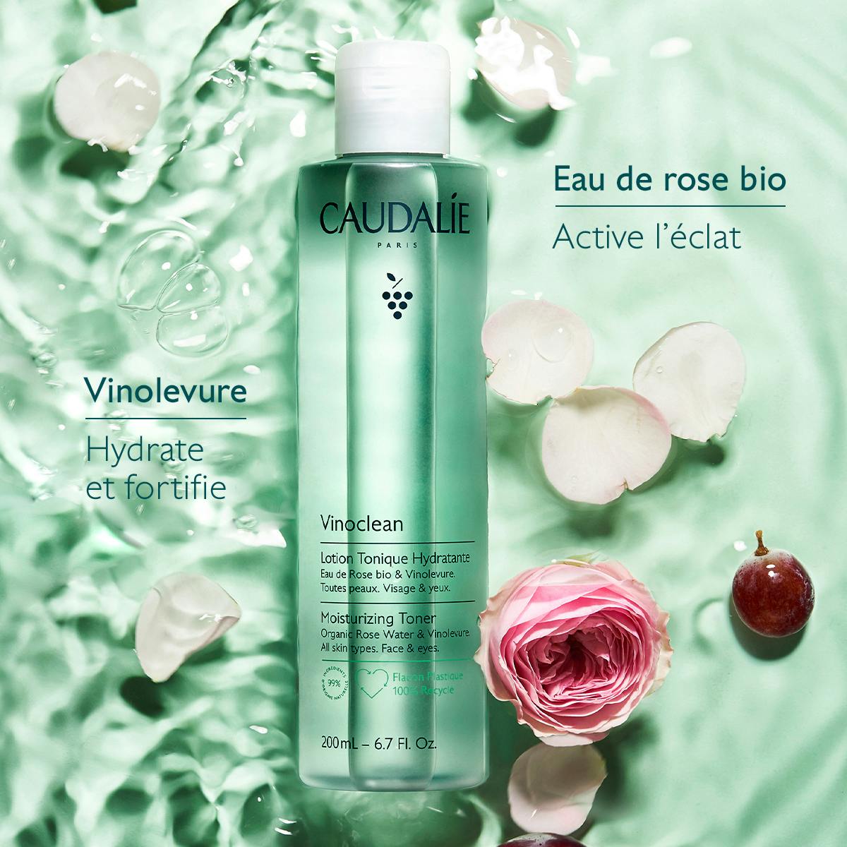 Caudalie Vinoclean, key ingredients: organic rose water and Vinolevure