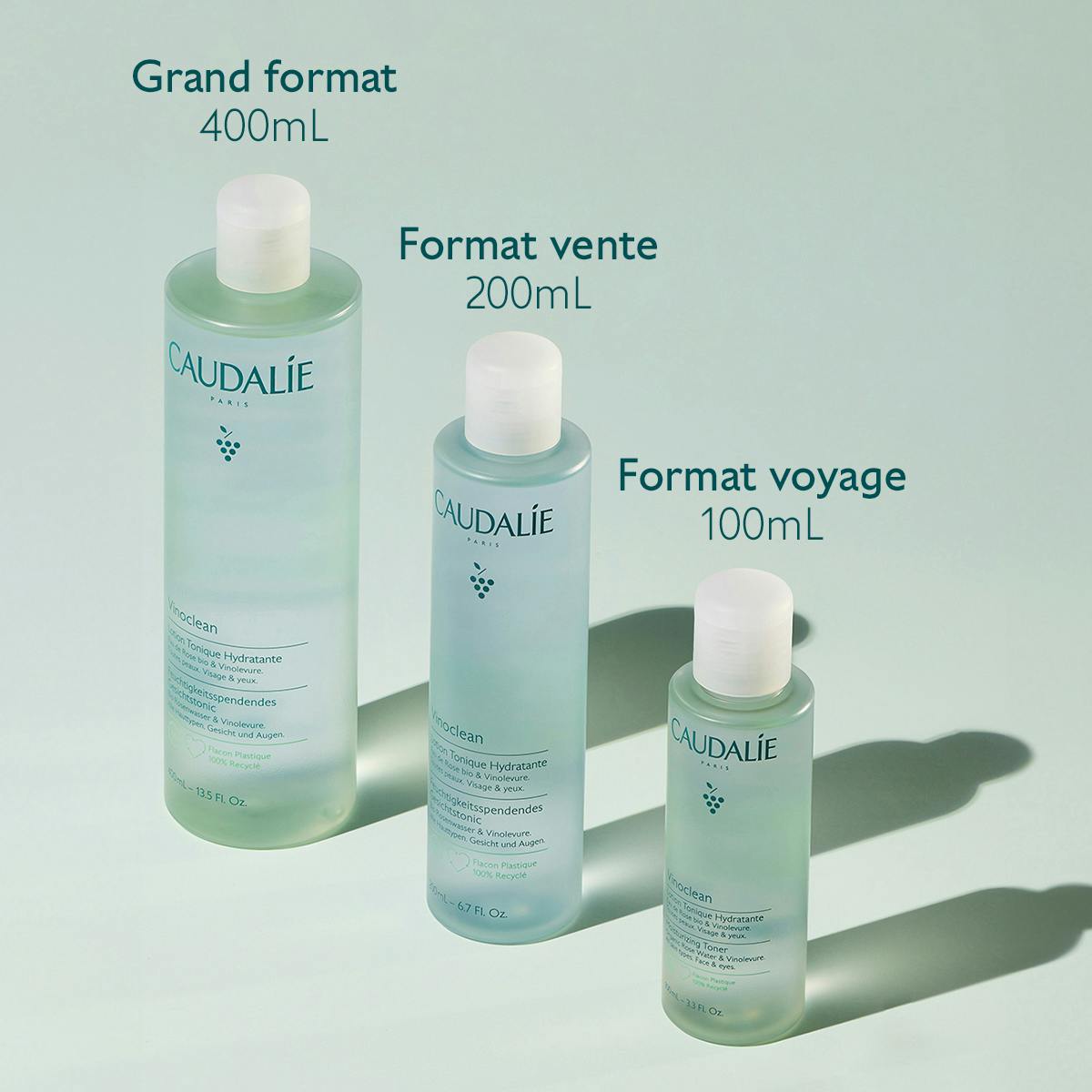 Caudalie Vinoclean, three sizes side by side