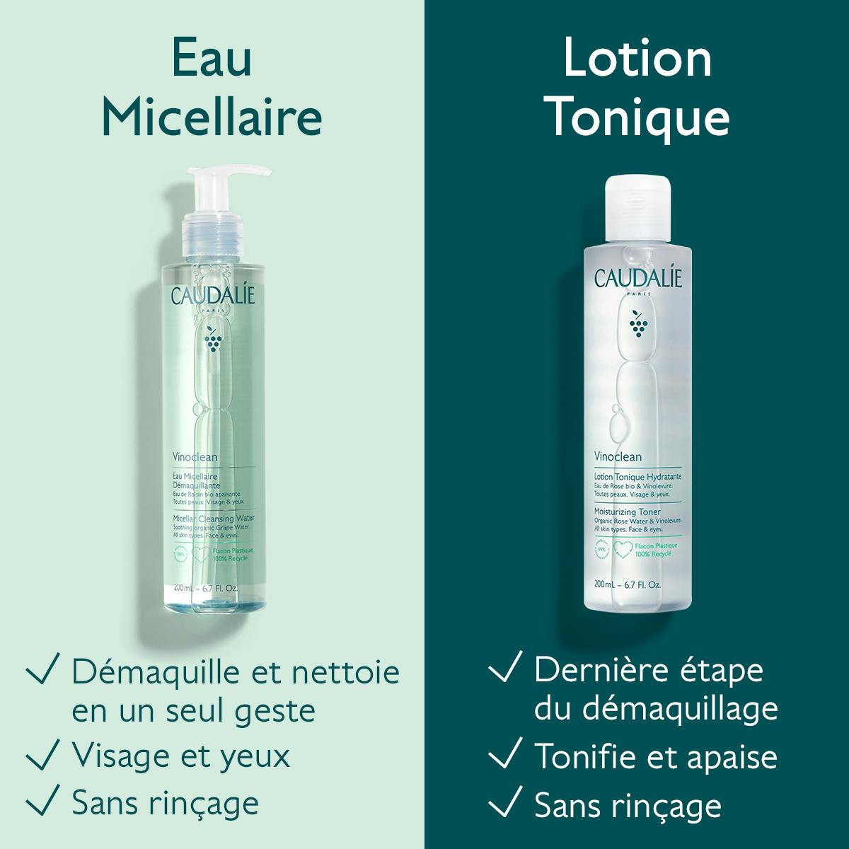 Caudalie Vinoclean, micellar water and toner with benefit checklists in French