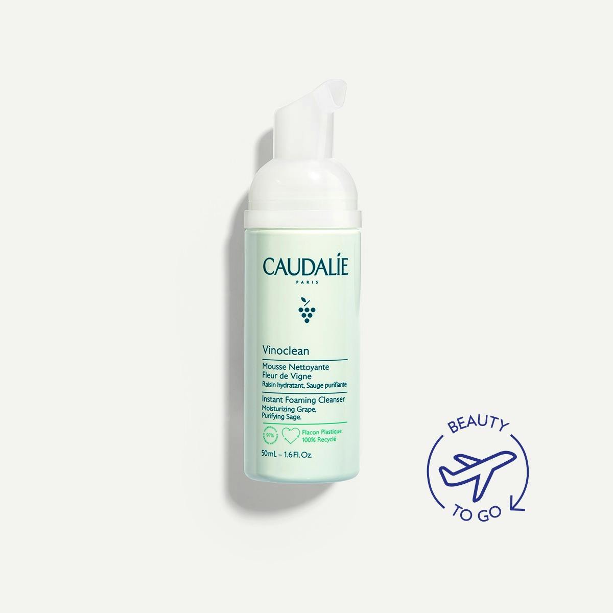 Caudalie Vinoclean 50ml, front of the pump bottle with a Beauty To Go logo