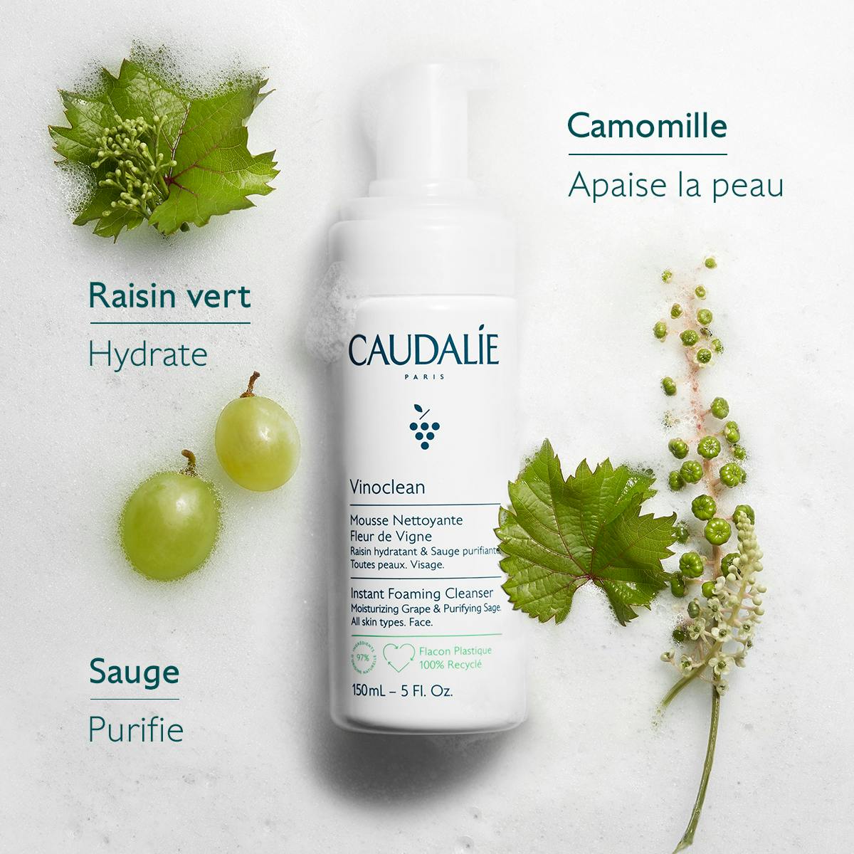 Caudalie Vinoclean, key ingredients: green grape, chamomile and sage