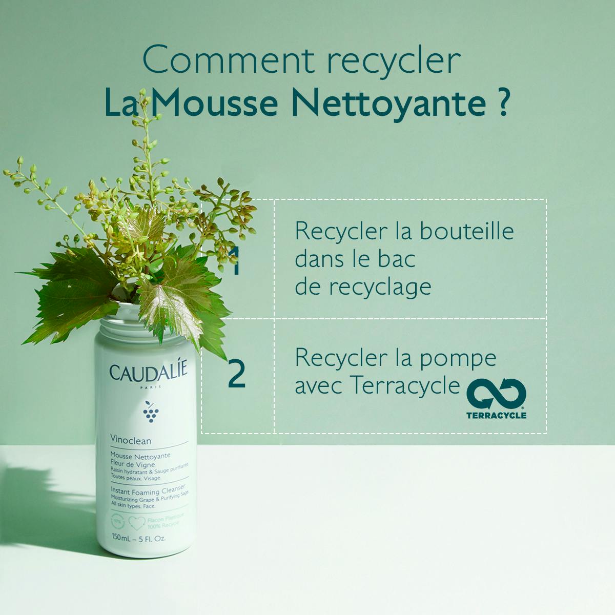 Caudalie Vinoclean, recycling instructions for the bottle and pump
