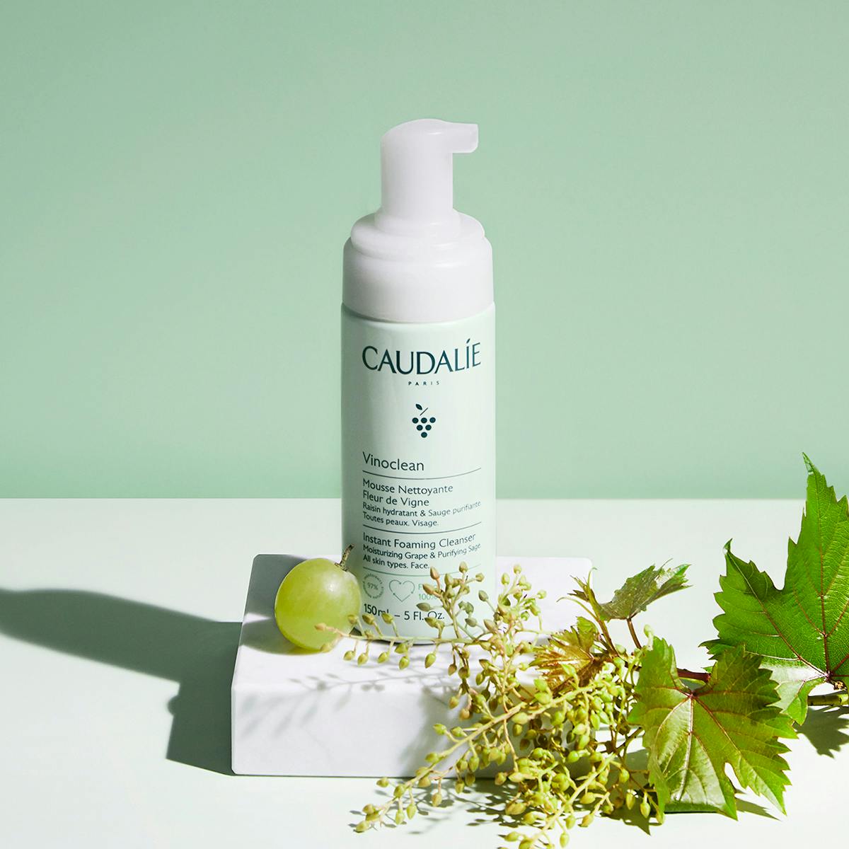 Caudalie Vinoclean, pump bottle with green grapes and vine leaves