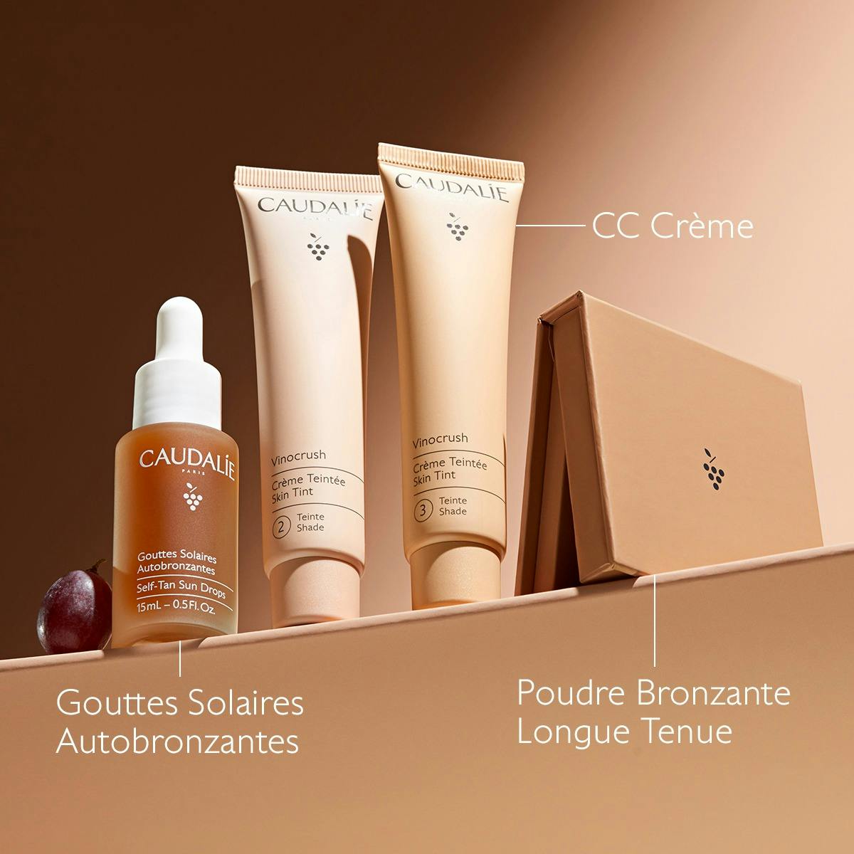 Caudalie Vinocrush, range with self-tan drops, two CC creams and the bronzing powder