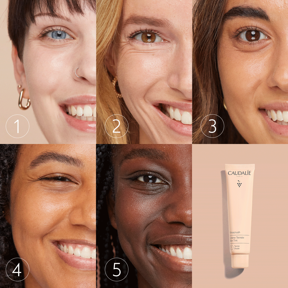 Caudalie Vinocrush, shade chart of five women's faces next to the tube