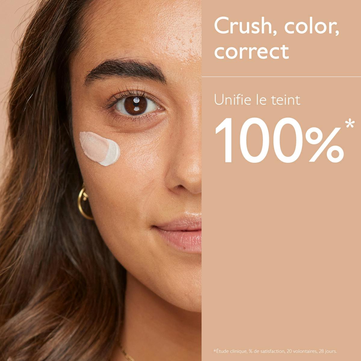 Caudalie Vinocrush, cream dab on a woman's cheek and study results in French