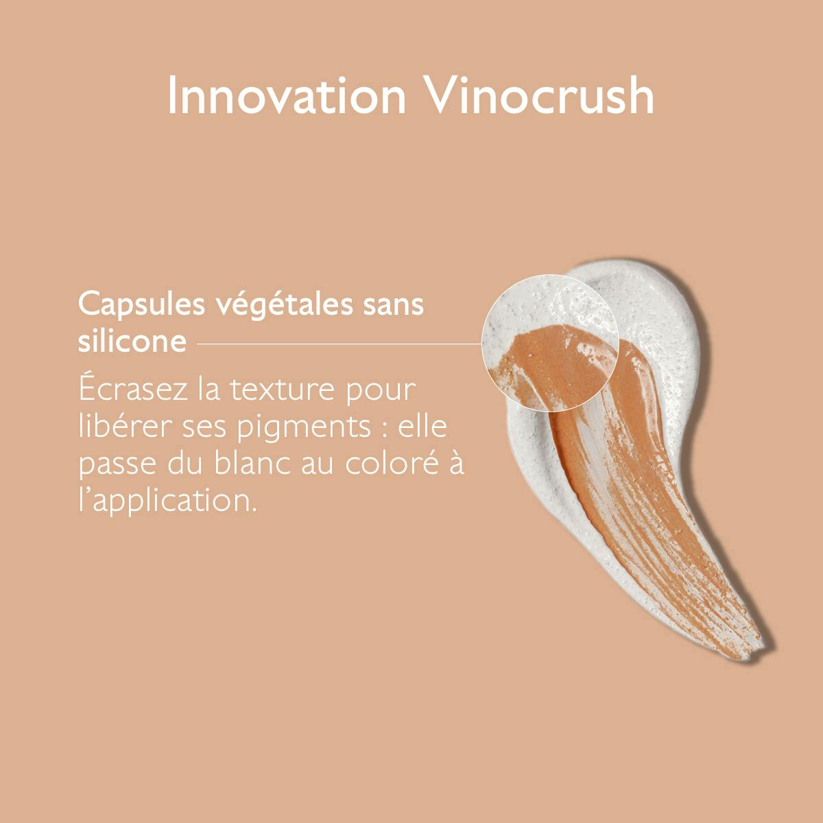 Caudalie Vinocrush, cream swatch turning from white to tinted, text in French