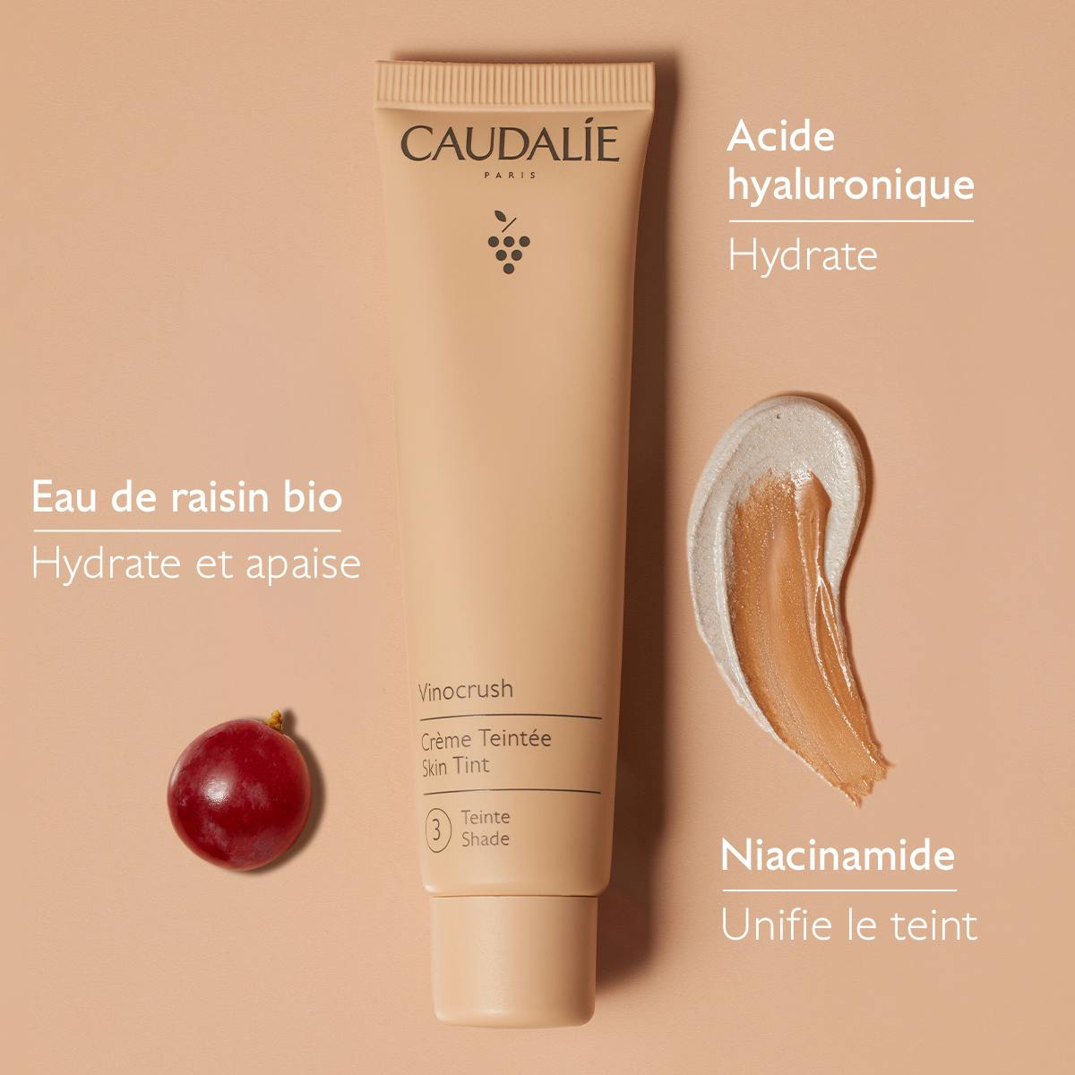 Caudalie Vinocrush, key ingredients: hyaluronic acid, organic grape water and niacinamide