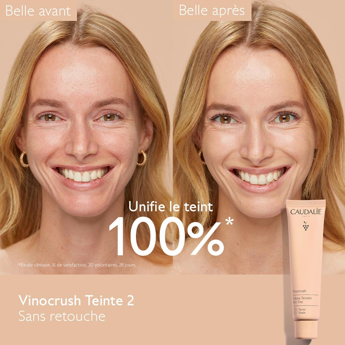 Caudalie Vinocrush, before and after photos of a woman's face