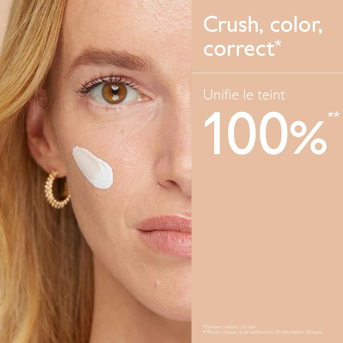 Caudalie Vinocrush, white cream dab on a woman's cheek and study results in French