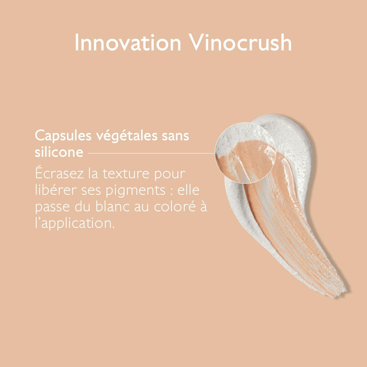 Caudalie Vinocrush, cream swatch turning from white to tinted, text in French