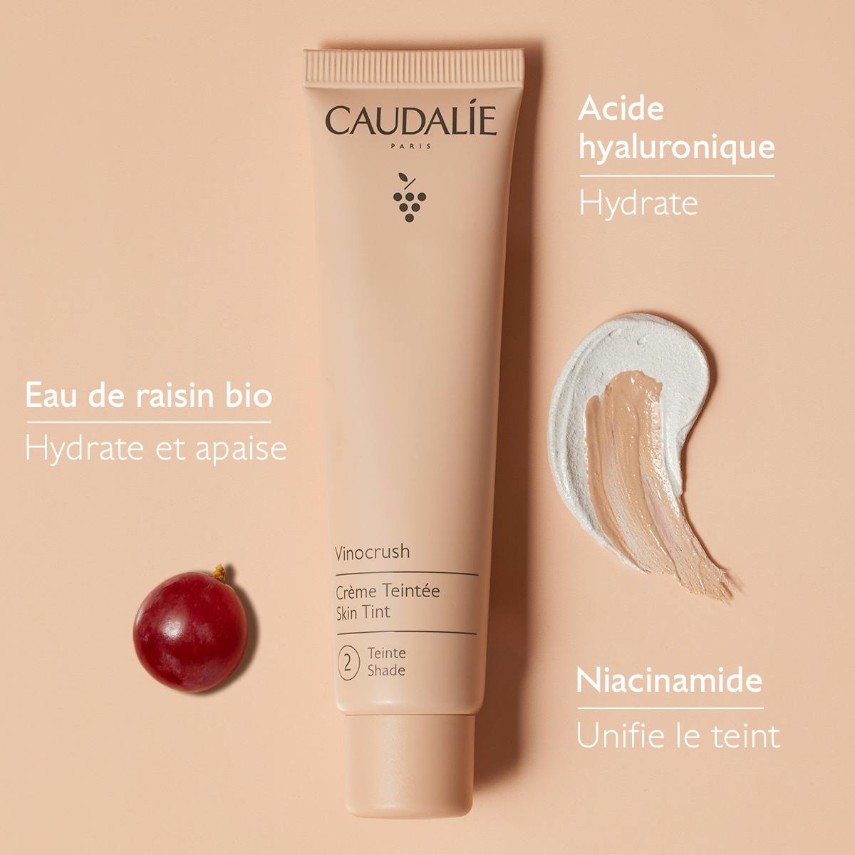 Caudalie Vinocrush, key ingredients: hyaluronic acid, organic grape water and niacinamide