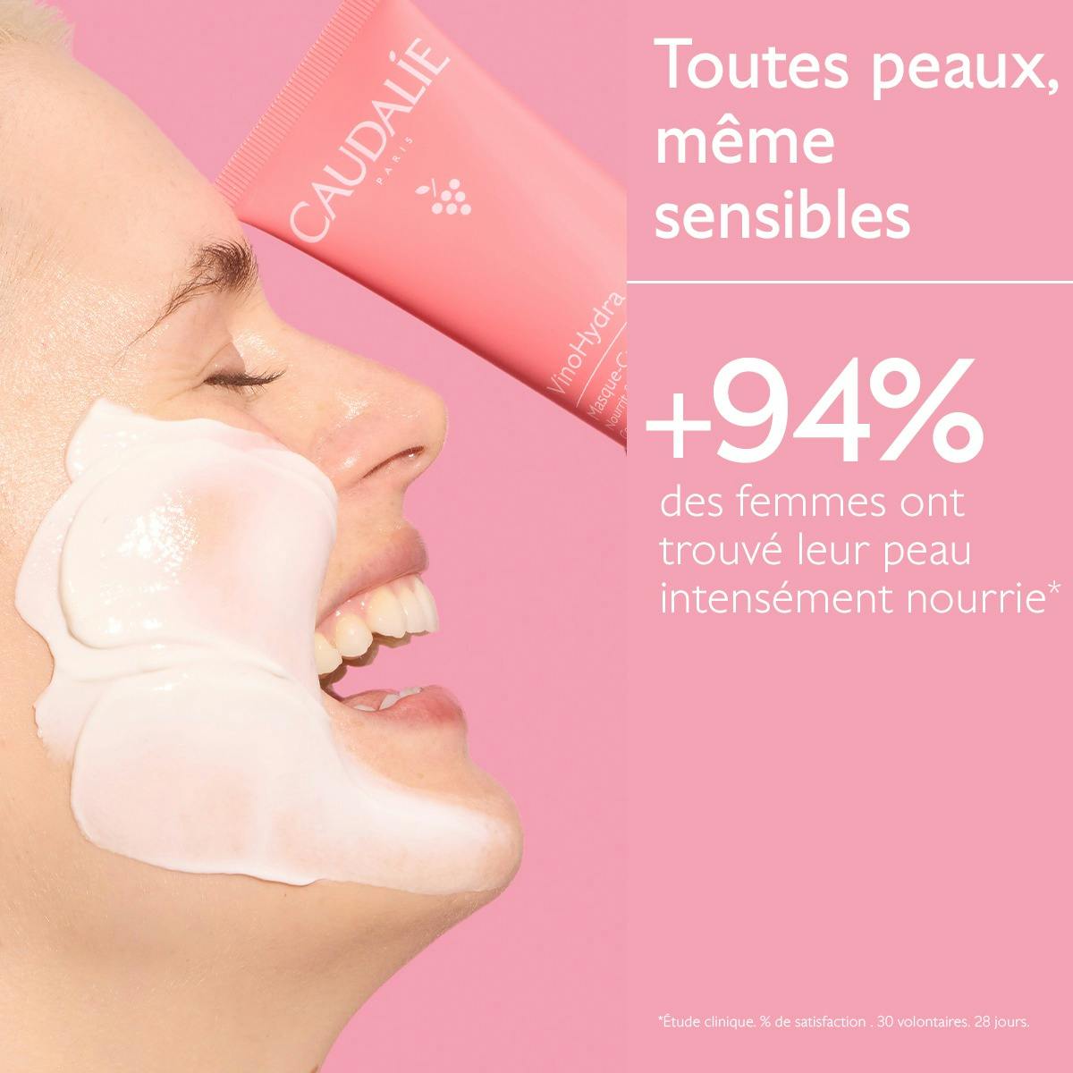 Caudalie Vinohydra, smiling woman wearing the cream mask, study results in French
