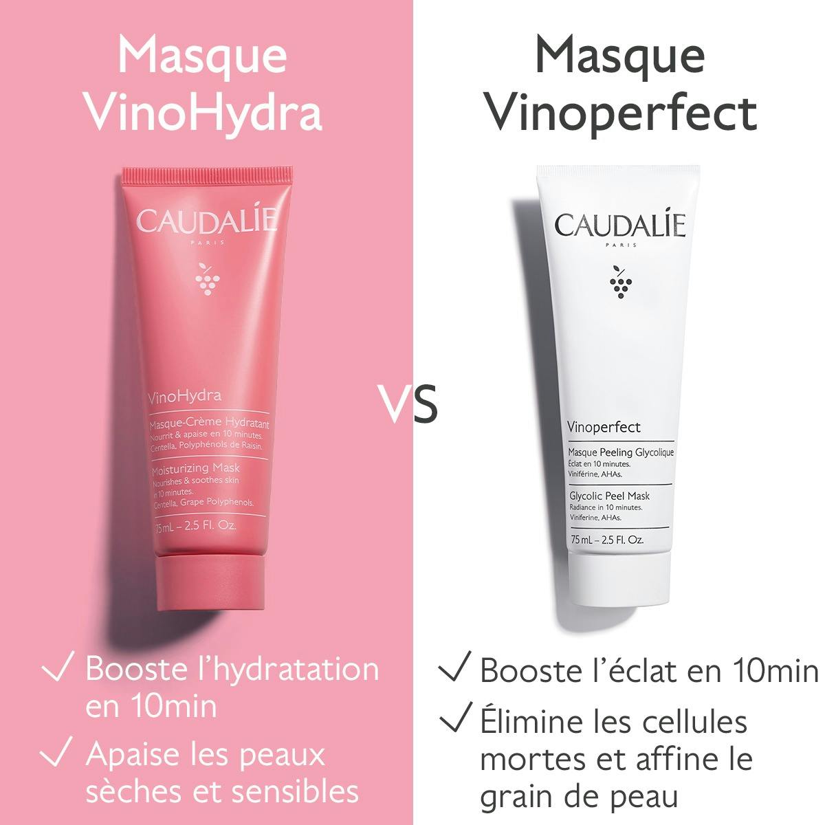 Caudalie Vinohydra, Vinohydra and Vinoperfect masks compared in French