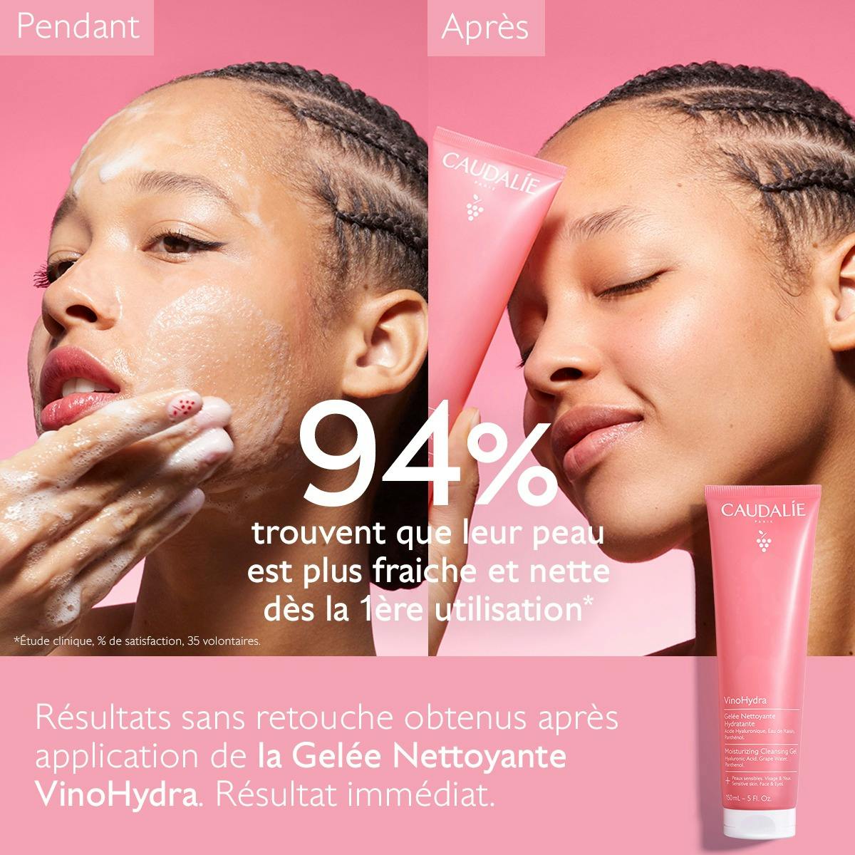 Caudalie Vinohydra, during and after photos of a woman's face, study results in French
