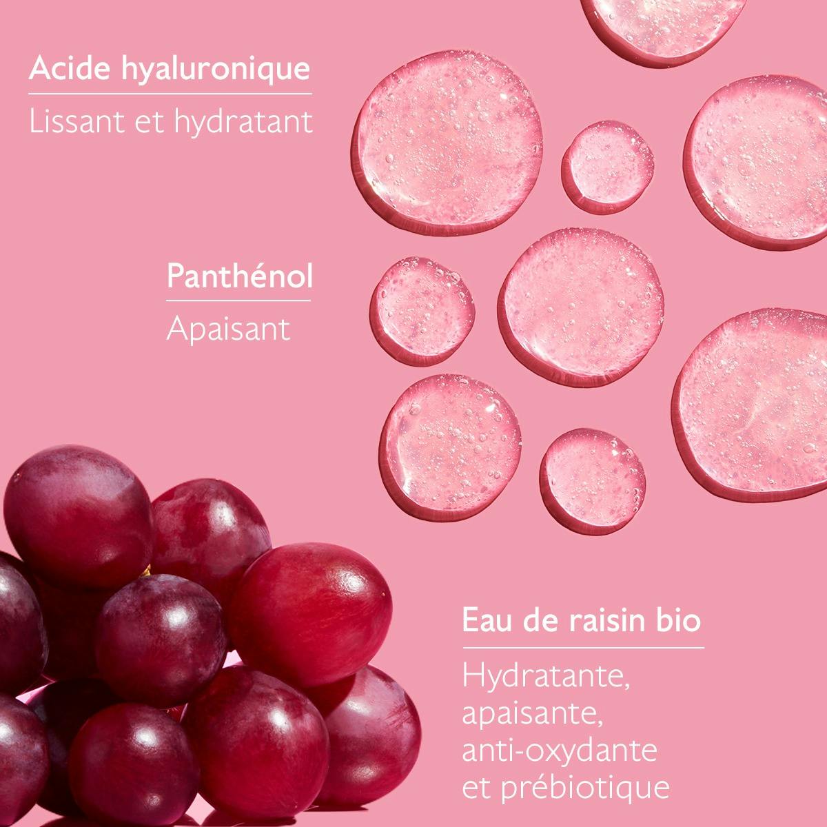 Caudalie Vinohydra, key ingredients: hyaluronic acid, panthenol and organic grape water
