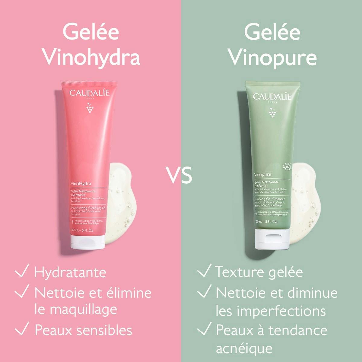Caudalie Vinohydra, Vinohydra and Vinopure cleansing gels compared in French