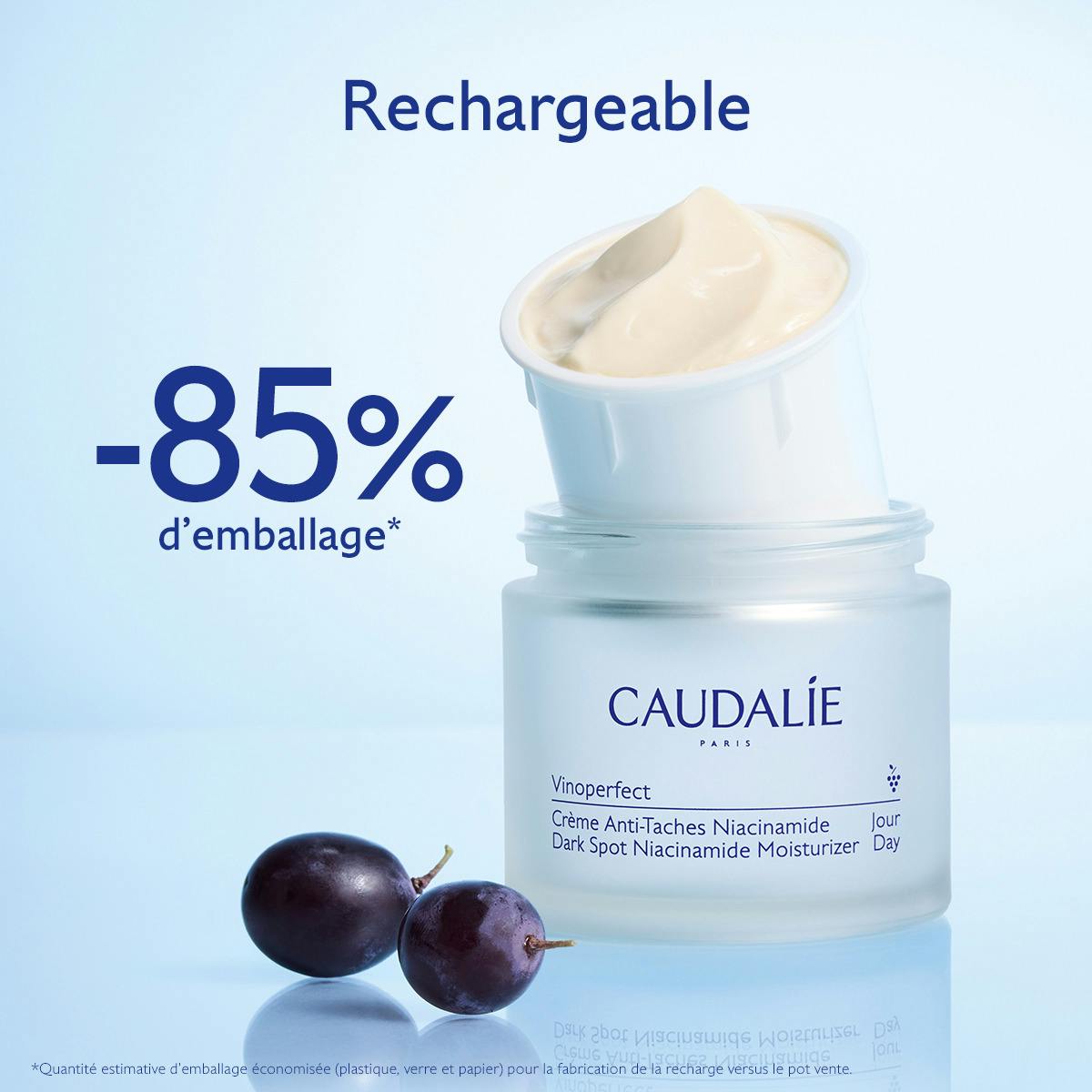Caudalie Vinoperfect, refill and jar with dark grapes, text in French