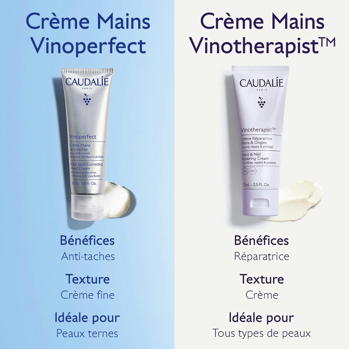 Caudalie Vinoperfect, Vinoperfect and Vinotherapist hand creams compared in French