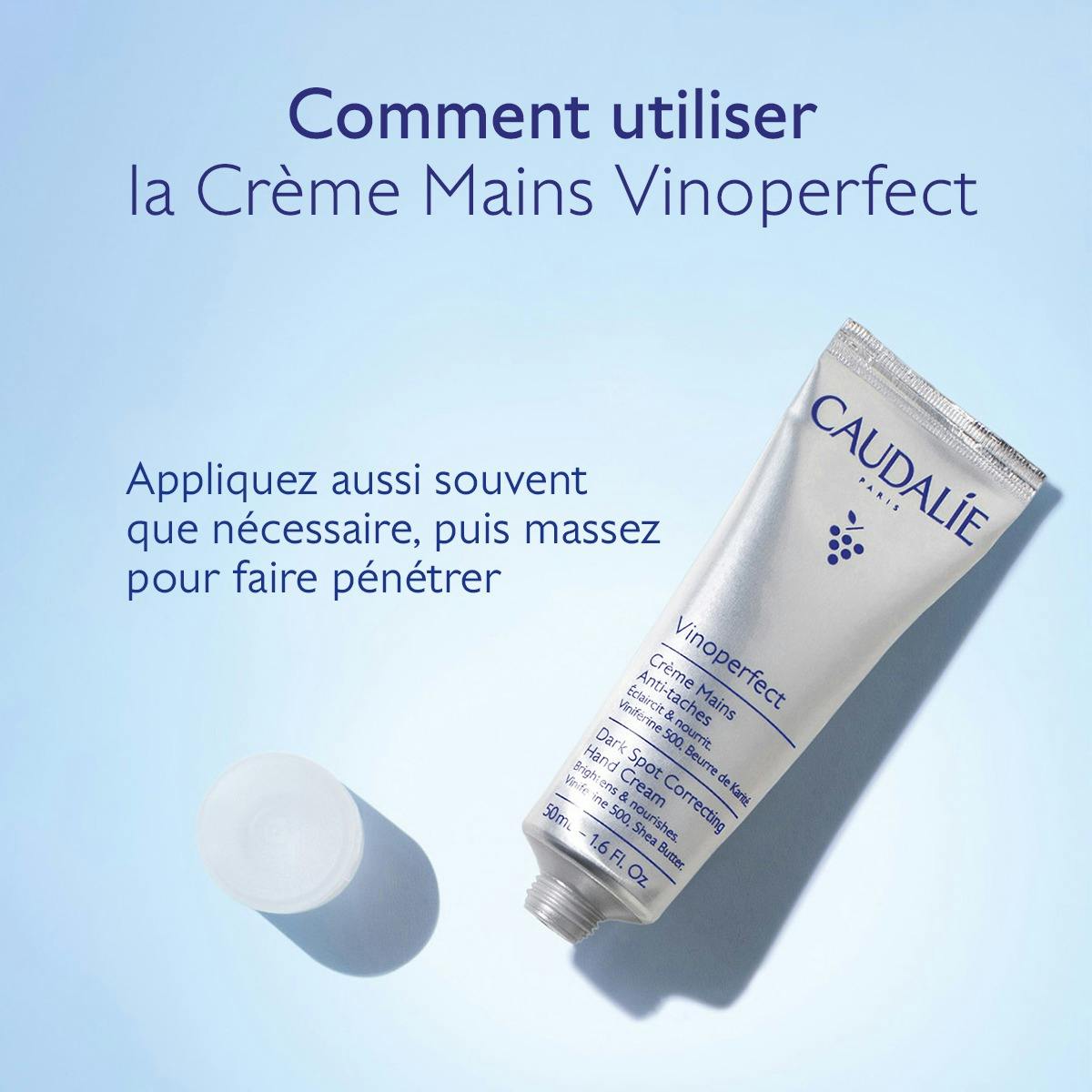 Caudalie Vinoperfect, tube and cap with directions in French