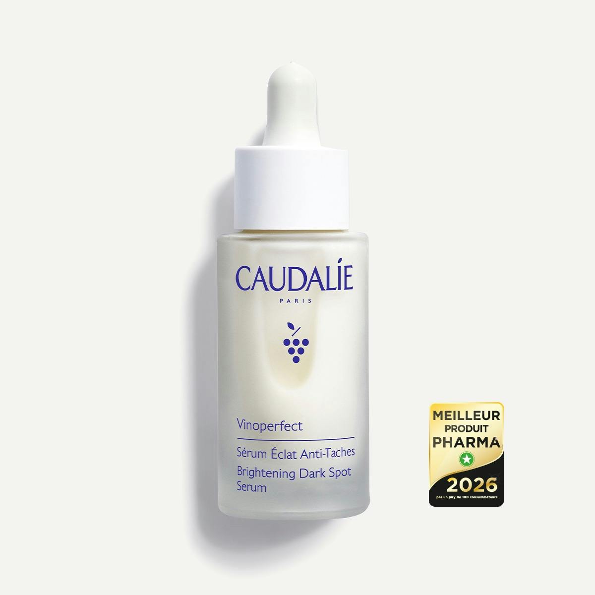 Caudalie Vinoperfect Anti-Spot Radiance Serum, front of the glass bottle with an award badge