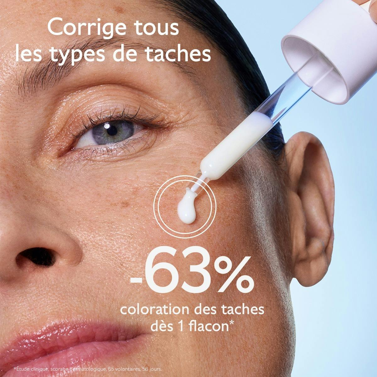 Caudalie Vinoperfect, dropper over a woman's cheek with study results in French
