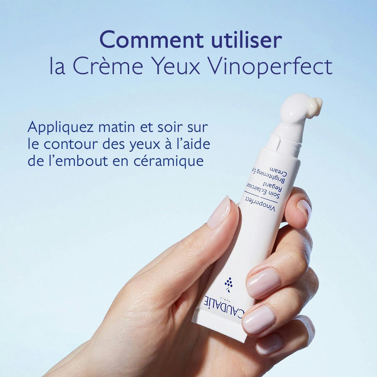 Caudalie Vinoperfect, hand holding the tube with directions in French