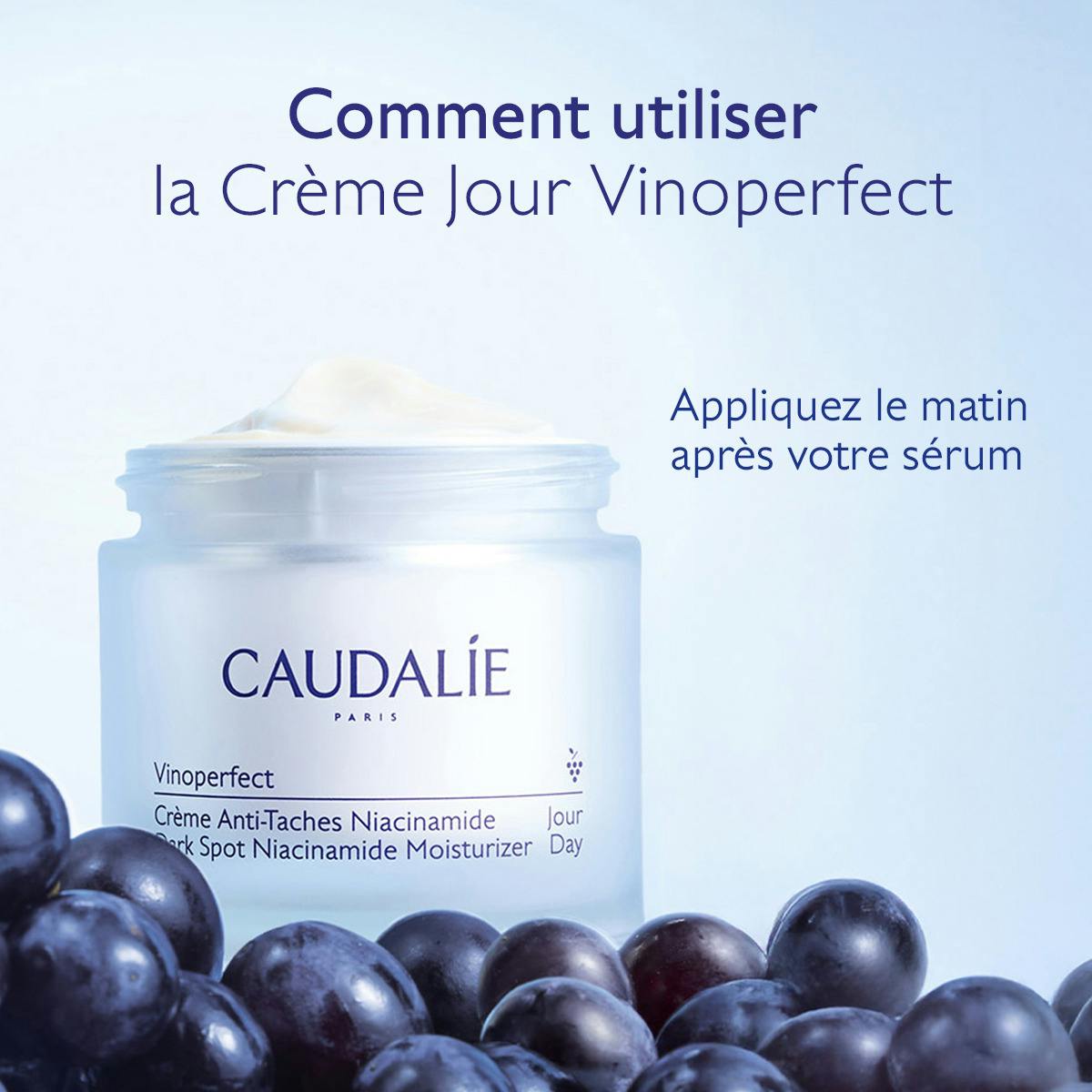Caudalie Vinoperfect, open jar among dark grapes with directions in French