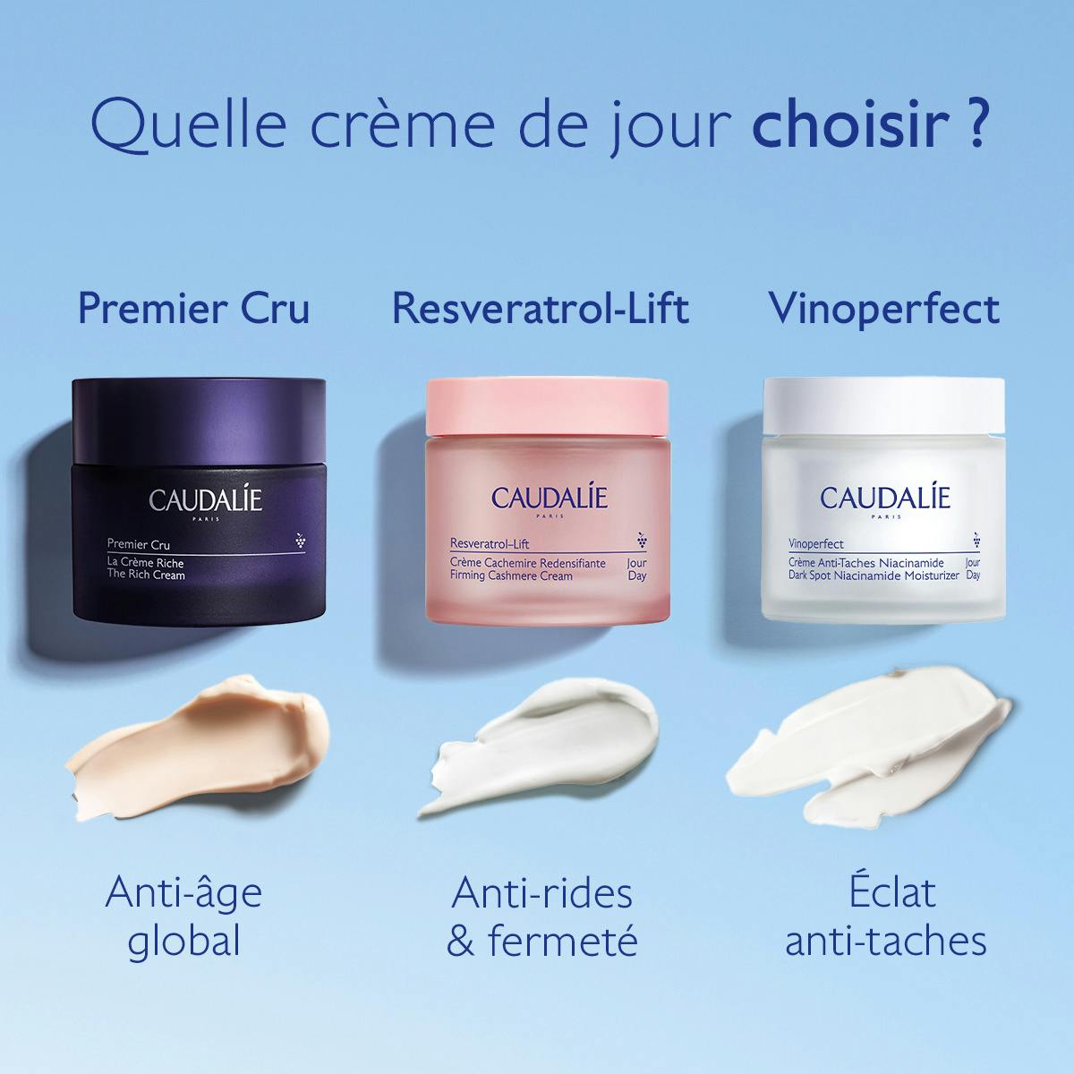 Caudalie Vinoperfect, comparison of three day cream jars with swatches, in French
