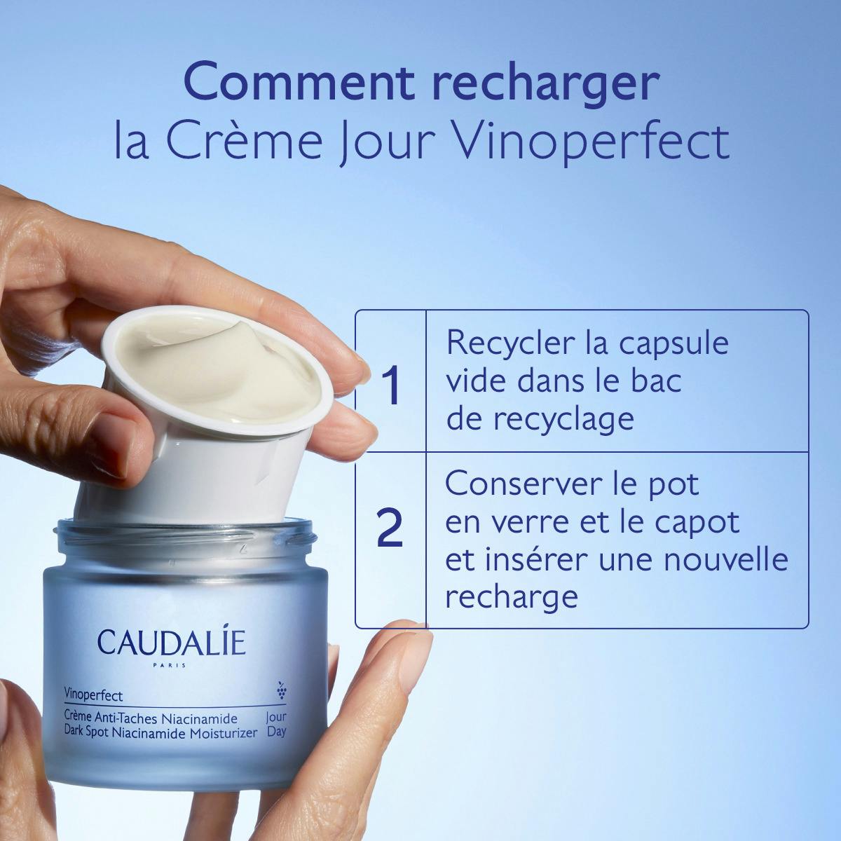 Caudalie Vinoperfect, refill pod going into the glass jar, with steps in French