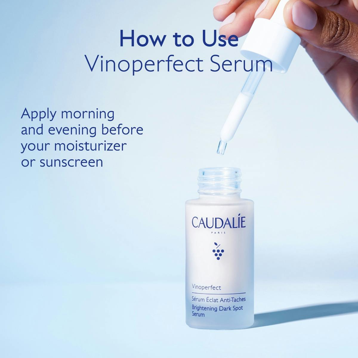 Caudalie Vinoperfect, how-to-use visual with the dropper and glass bottle