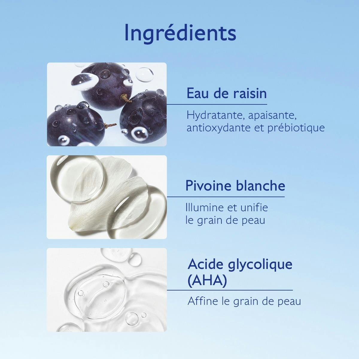 Caudalie Vinoperfect, key ingredients: grape water, white peony and glycolic acid