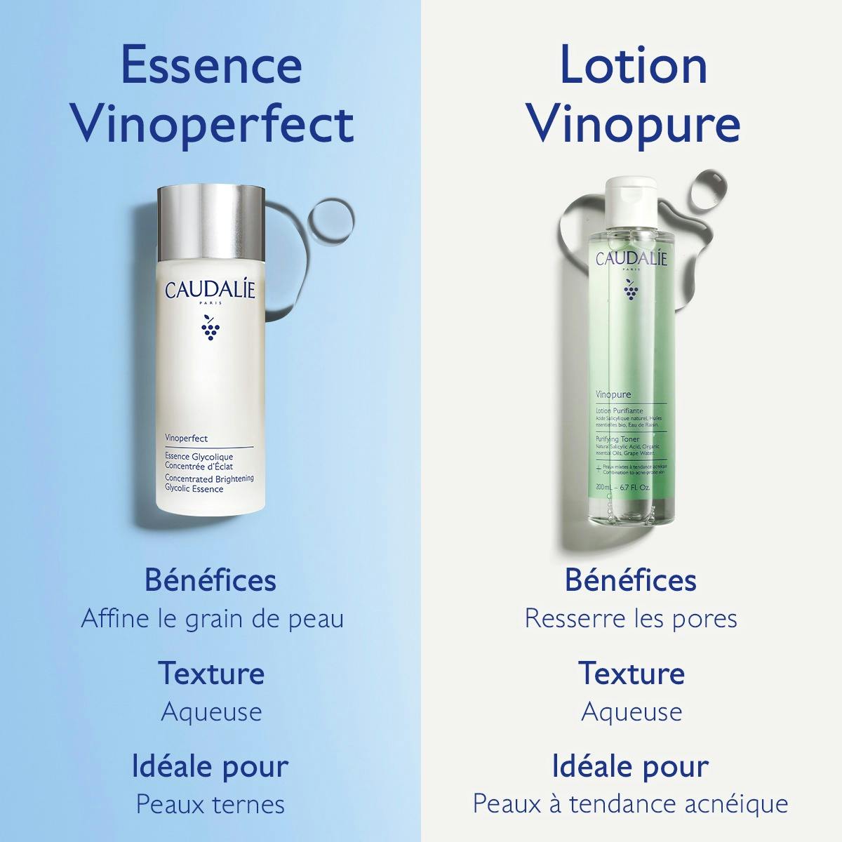 Caudalie Vinoperfect, Vinoperfect essence and Vinopure toner compared in French