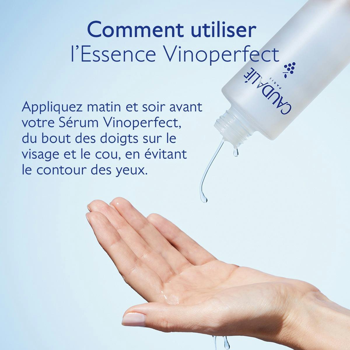 Caudalie Vinoperfect, essence poured into a palm, directions in French