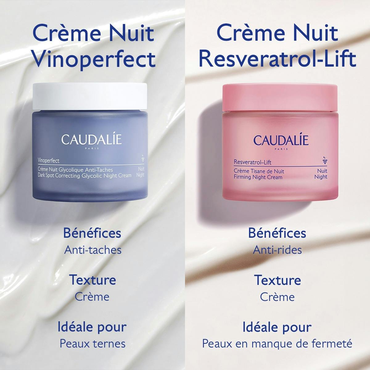 Caudalie Vinoperfect, comparison of two night cream jars, in French