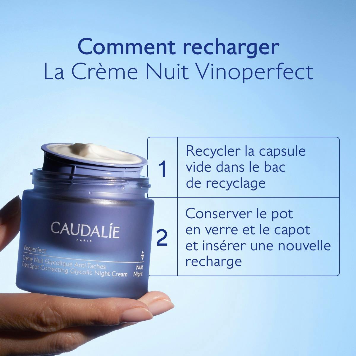 Caudalie Vinoperfect, hand holding the open jar with refill steps in French