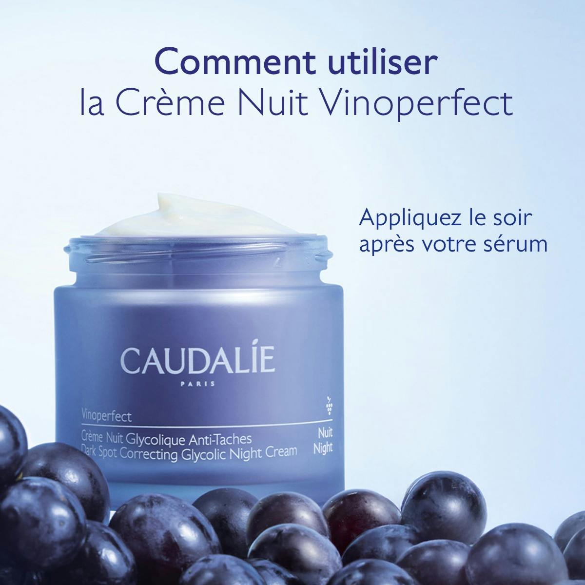 Caudalie Vinoperfect, open jar among dark grapes with directions in French