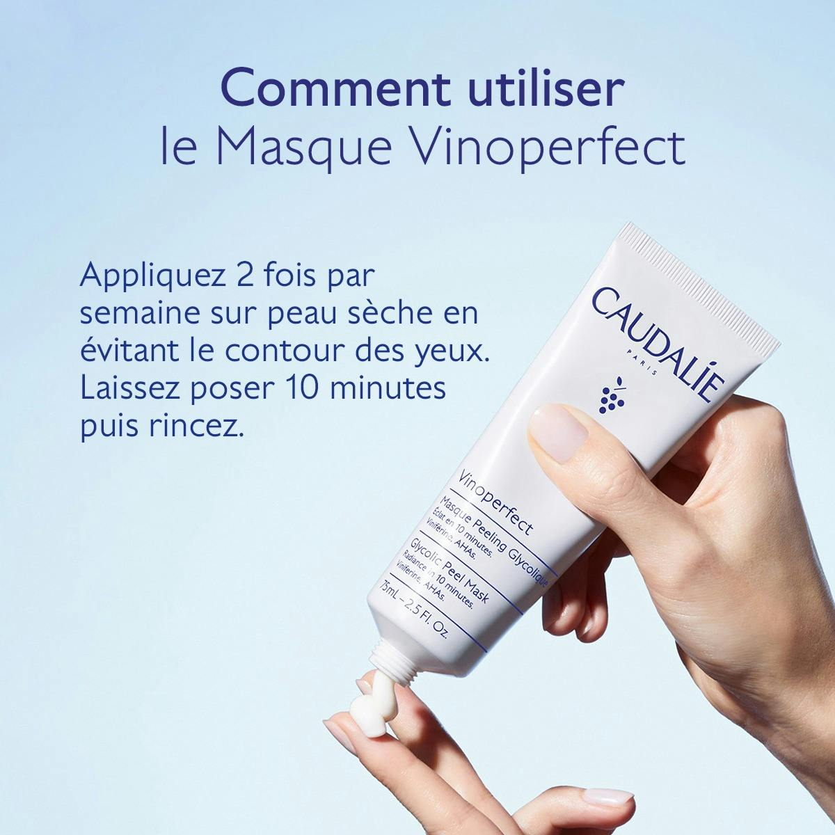 Caudalie Vinoperfect, tube squeezed onto a fingertip, directions in French