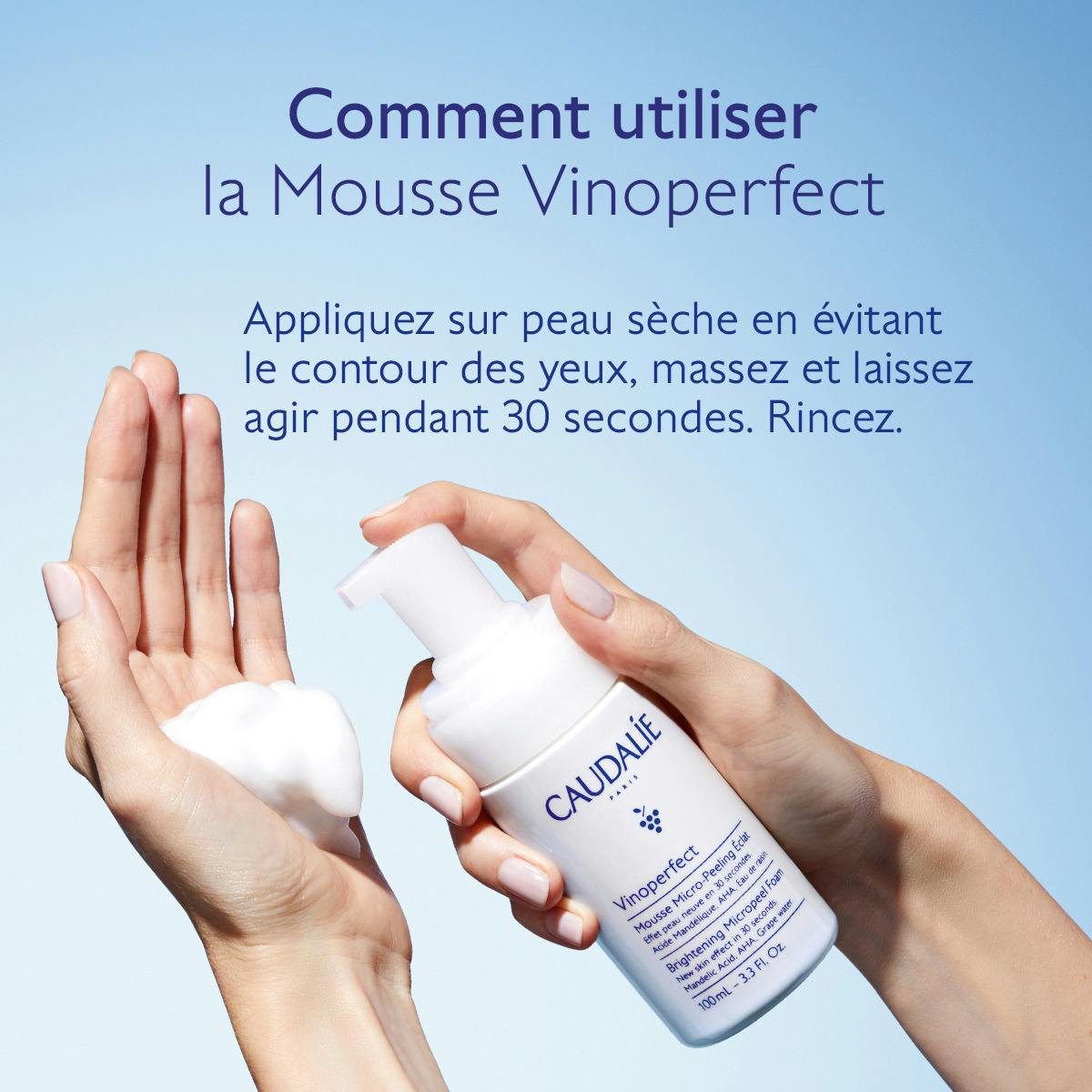 Caudalie Vinoperfect, foam pumped into a palm with directions in French