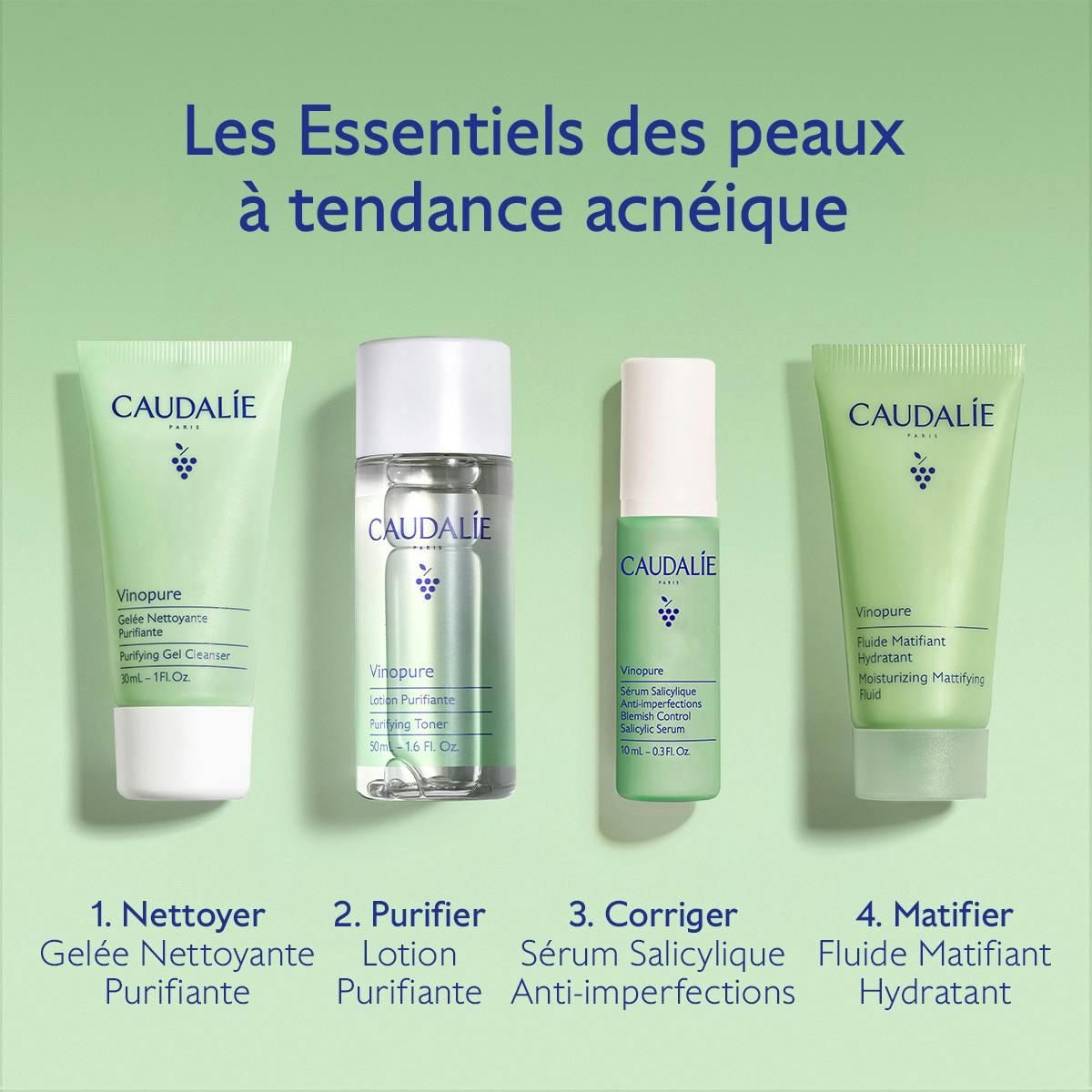 Caudalie Vinopure, four kit products in routine order, in French